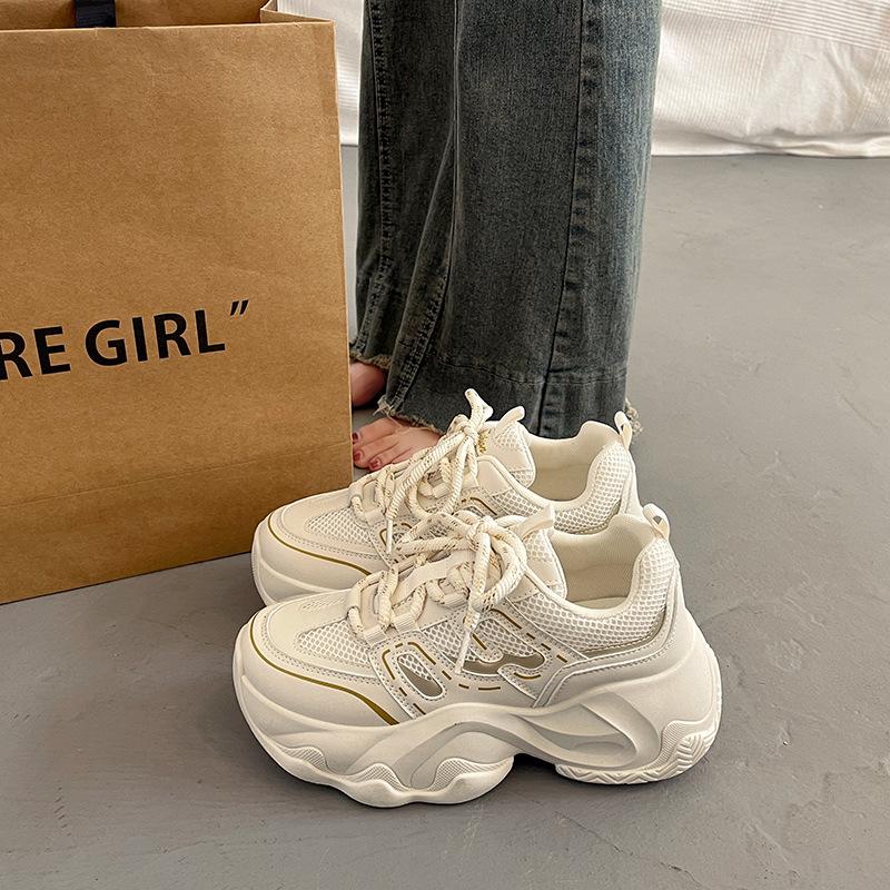 Popular Fried Street Thick-soled Heightening Dad Shoes Women's Spring and Autumn Versatile Feet Small 2025 New Black Casual Sports Shoes