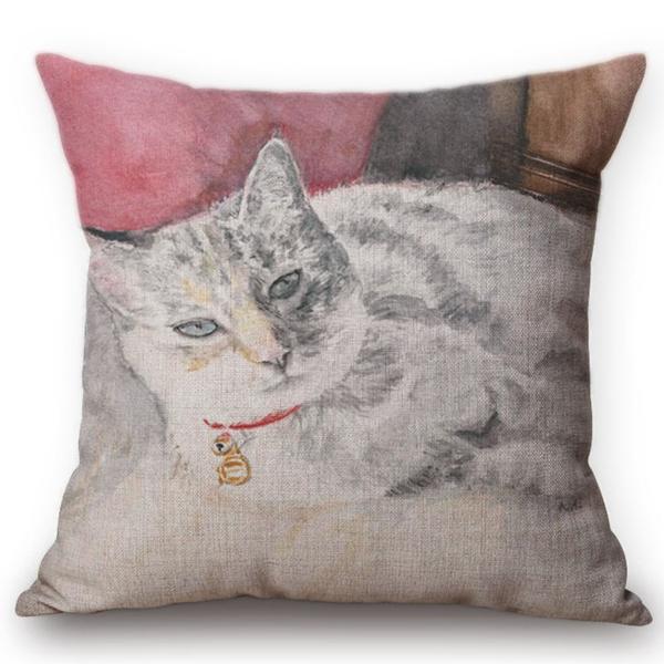 Christmas Decoration Cushion Cover Painting Cats Cute Throw Pillow Case Cotton Linen Home Decor Children'S Room New Year Gift