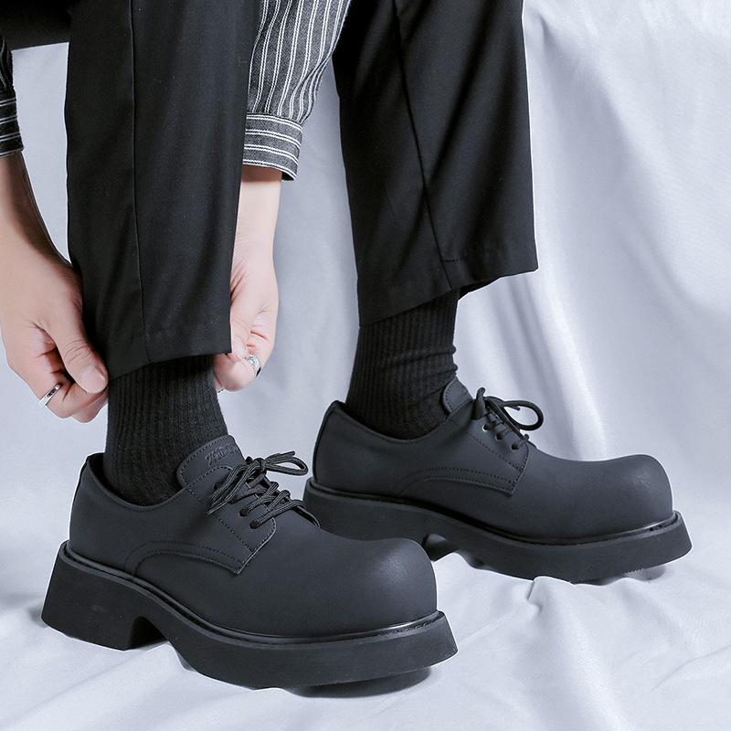 Platform single shoes spring and autumn round head lace-up middle heel muffin men's shoes tooling black small leather shoes 1255-R