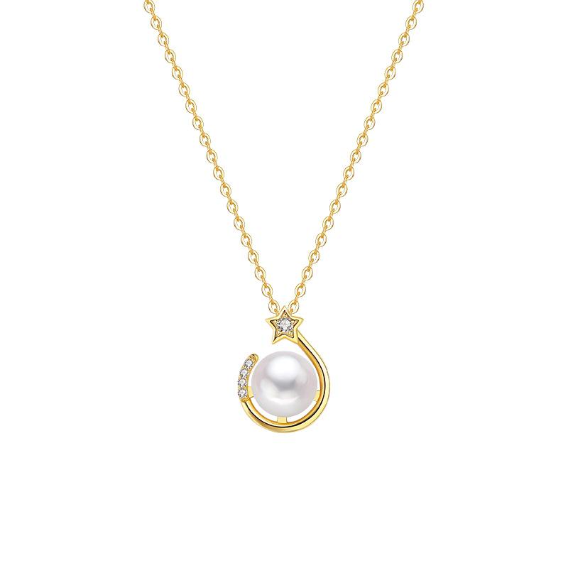 S925 Sterling Silver Star and Moon Pendant Necklace with Freshwater Pearls S925 Silver