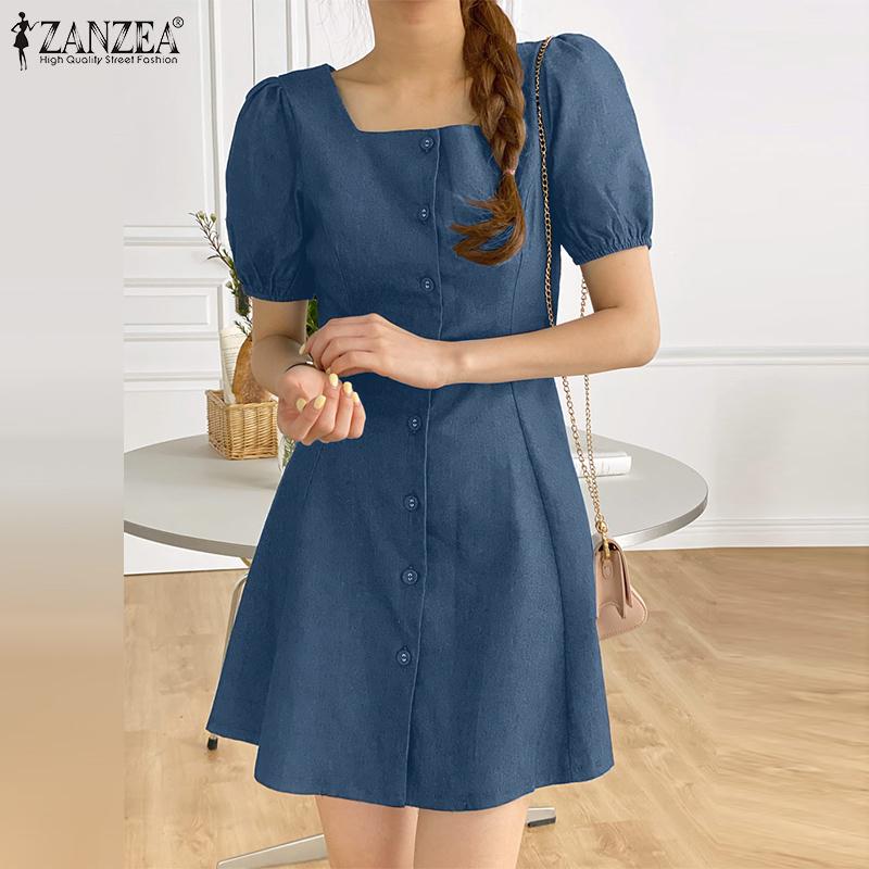 

ZANZEA Женское повседневное летнее платье с коротким рукавом и квадратным воротником