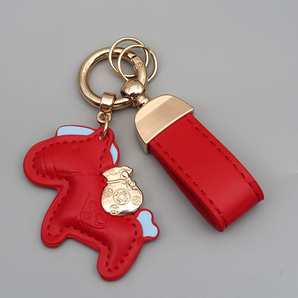 Instant Wealth Leather Keychain with Cartoon Pony Pendant for Couples – Trendy Bag and Car Accessory