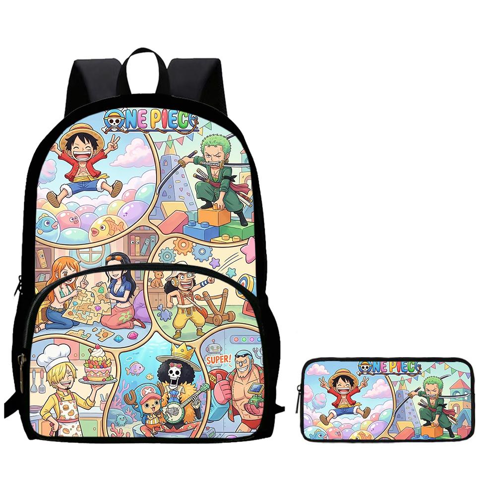 Cartoon ONE PIECE 2Pcs Set Mochila Lightweight Large Capacity Front Pocket School Backpack with Pencil Case for Boys Girls Trip