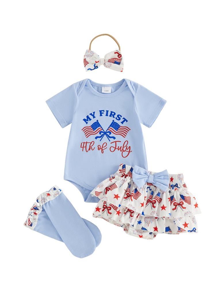 Independence Day Baby Girl Outfit American Flag Print Romper Ruffle Shorts Headband Socks 4-Piece Set for 4th of July