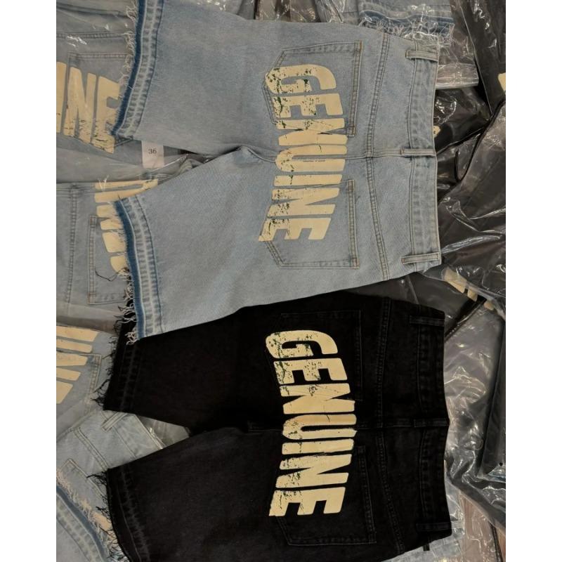 High Street Hip Hop Rhinestone Cross Straight Denim Knee Length Shorts