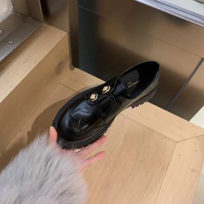 Mocassins en cuir laqué pour femmes, semelles souples et épaisses, tête ronde, petites chaussures en cuir, boucle dorée, bloc, une pédale