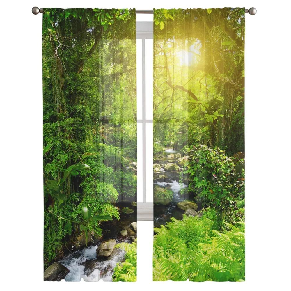 Forest Creek Flowing Water Nature Scenery Tulle Sheer Window Drapes for Living Room Bedroom Sheer Fabric Organza Drapes Drapes