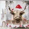 Highland Cattle Cow Bull Christmas Shower Curtain with Birds & Snowy Xmas Balls, Farmhouse Bathroom Decor Set for Holiday Style