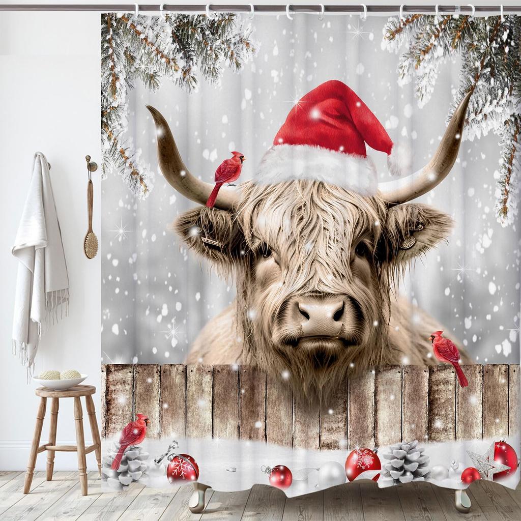 Highland Cattle Cow Bull Christmas Shower Curtain with Birds & Snowy Xmas Balls, Farmhouse Bathroom Decor Set for Holiday Style