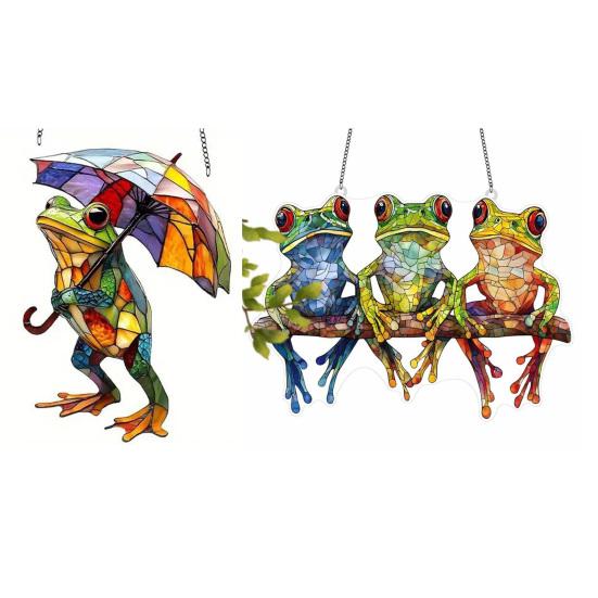 Colorful Frog Acrylic Suncatcher Umbrella Frog/Three Frogs On Branch Stained Glass Window Hanging Ornament for Indoor Outdoor Garden Housewarming