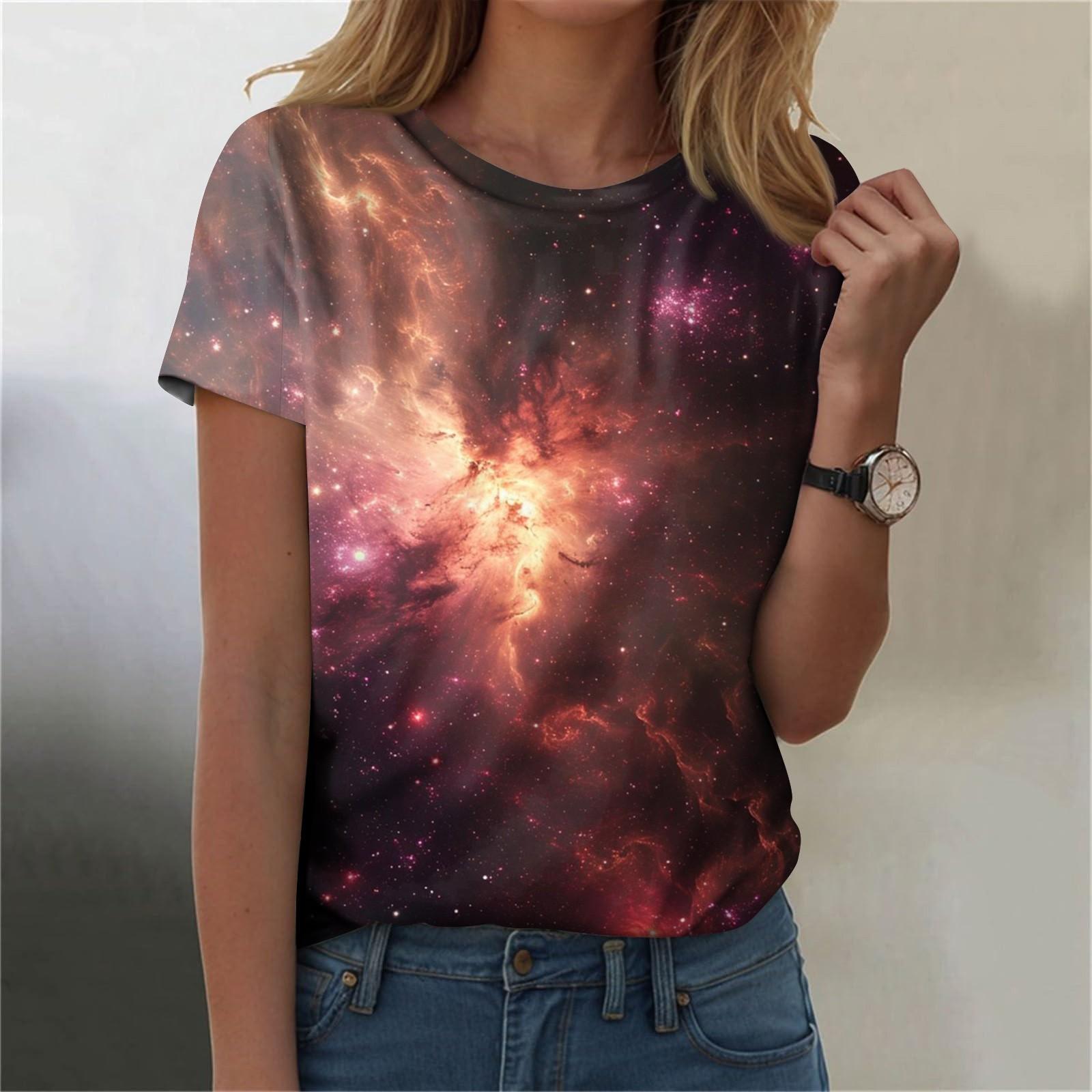 

Жіноча модна модна футболка з короткими рукавами з принтом неба. Модна універсальна приталена футболка M помаранчевий