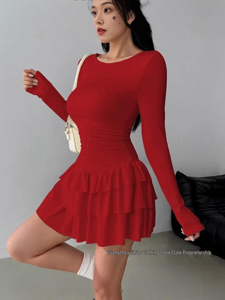 2026 Spring/Summer Slim Fit Solid Color Long Sleeve Dress - Women's Fashion