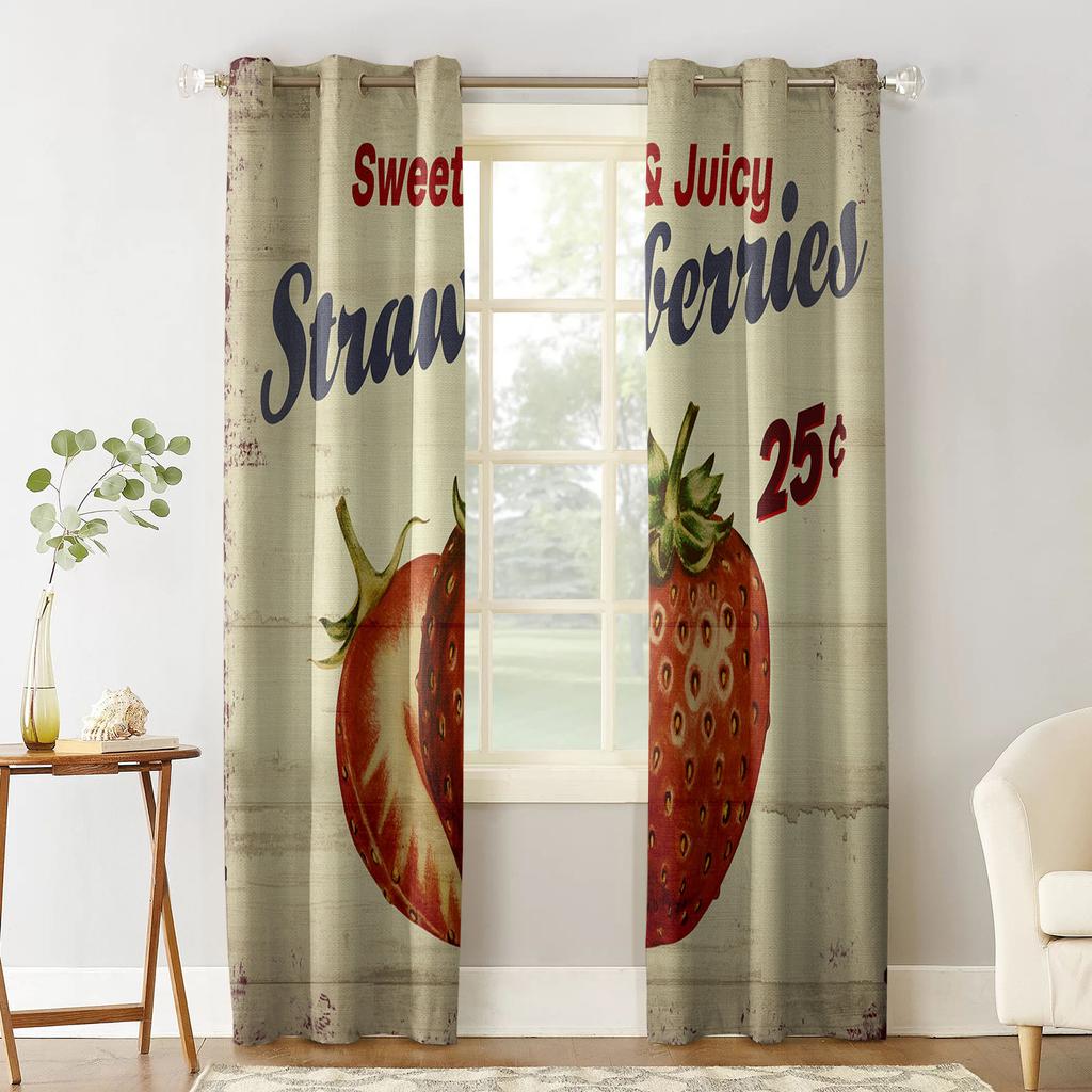 Rustikale Frucht Erdbeere Vintage Holzmaserung Fenster Vorhang Heimdeko Vorhänge für Wohnzimmer Schlafzimmer Küche Vorhangpaneel