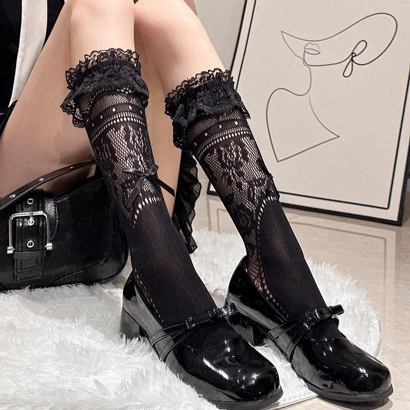 

Кружевная отделка, бантик, девичьи гольфы до колена, японский стиль, ажурные гольфы до икр в балетном стиле, дизайн двойной носки One Size