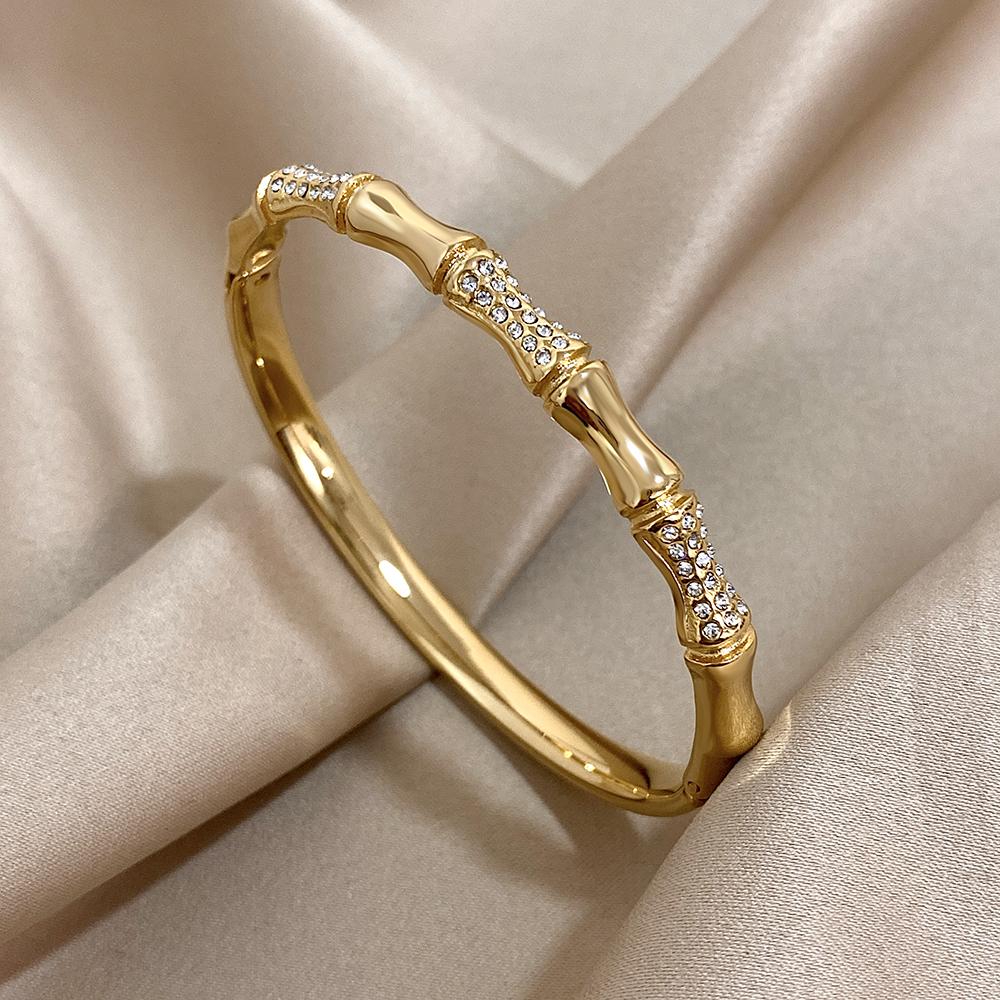 FLASHBUY Bamboo Stainless Steel Bangle, Gold Color, Inlay Rhinestone, Wrist Accessories, Statement Fashion, New Design