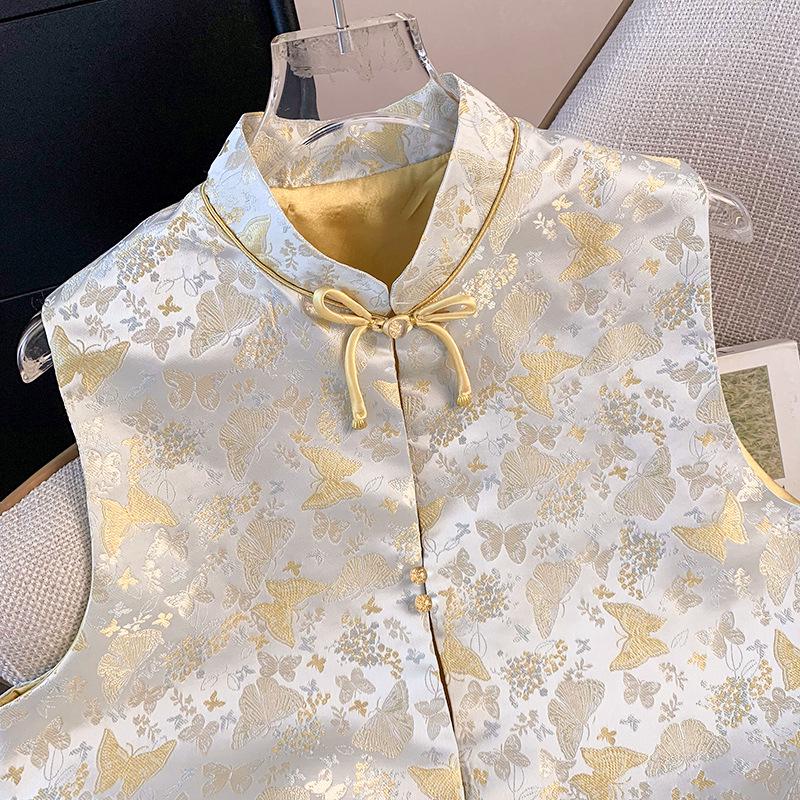 2025 Spring Women's Jacquard Vest: National Style, Stand Collar, Fashionable Thin Top