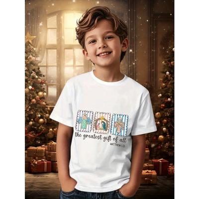 European Sizes Kids' Christmas Nativity T-Shirt | Matthew 121 Inspired Greatest Gift of All Design with Angels,