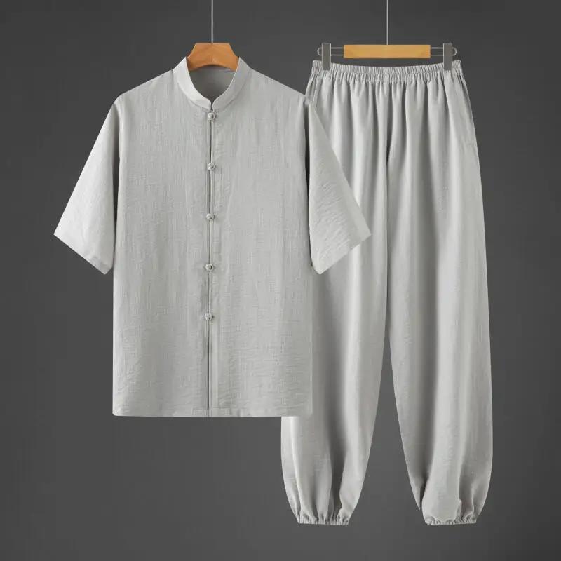Men's Summer Thin Chinese Style Kung Fu Shirt Set Tea Zen Clothing Men Breathable Cotton Traditional Outfit Man Hanfu Tang Suits