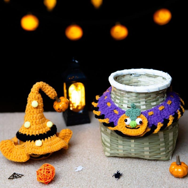 Cat Collar Cute Pet Collar Halloween Heterochromatic Cat Pumpkin Ghost Dog Bib Knitted Collar for Small Cats/dog/kitty
