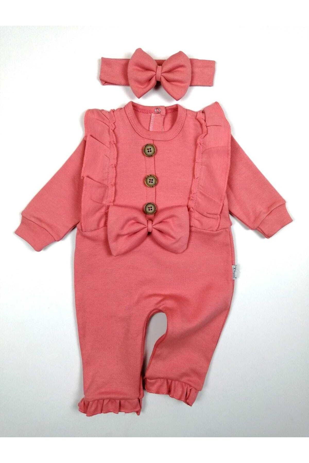 

Baby Girl Bow Detailed Wooden Button Bandana Overalls Salmon 9 - 12 Ay лососевый
