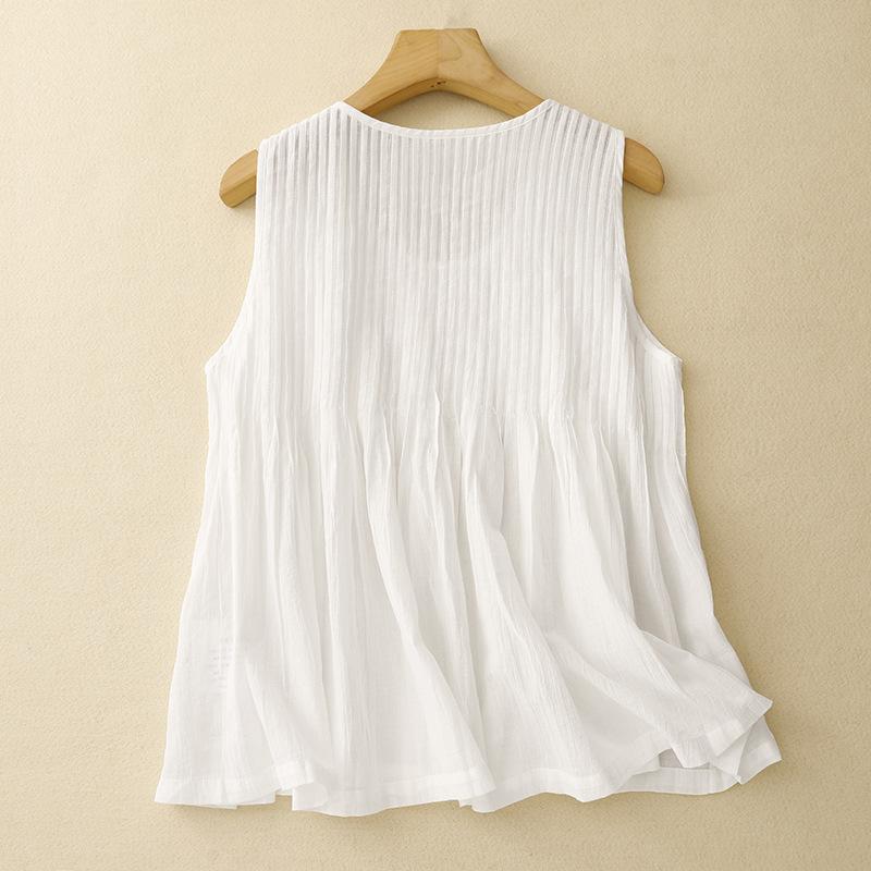 White cotton and linen vest shirt women's 2025 summer new pleated design round neck sleeveless vest pullover