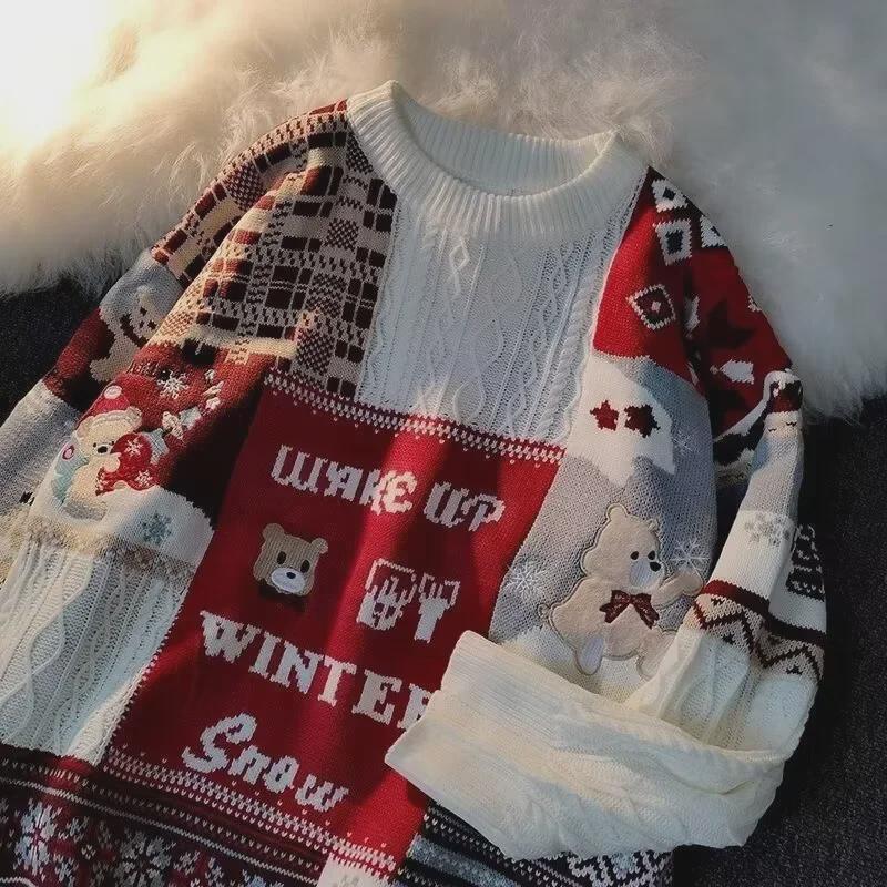 Men's Oversized Japanese Retro Bear Christmas Sweater - Winter Trendy Vintage Style