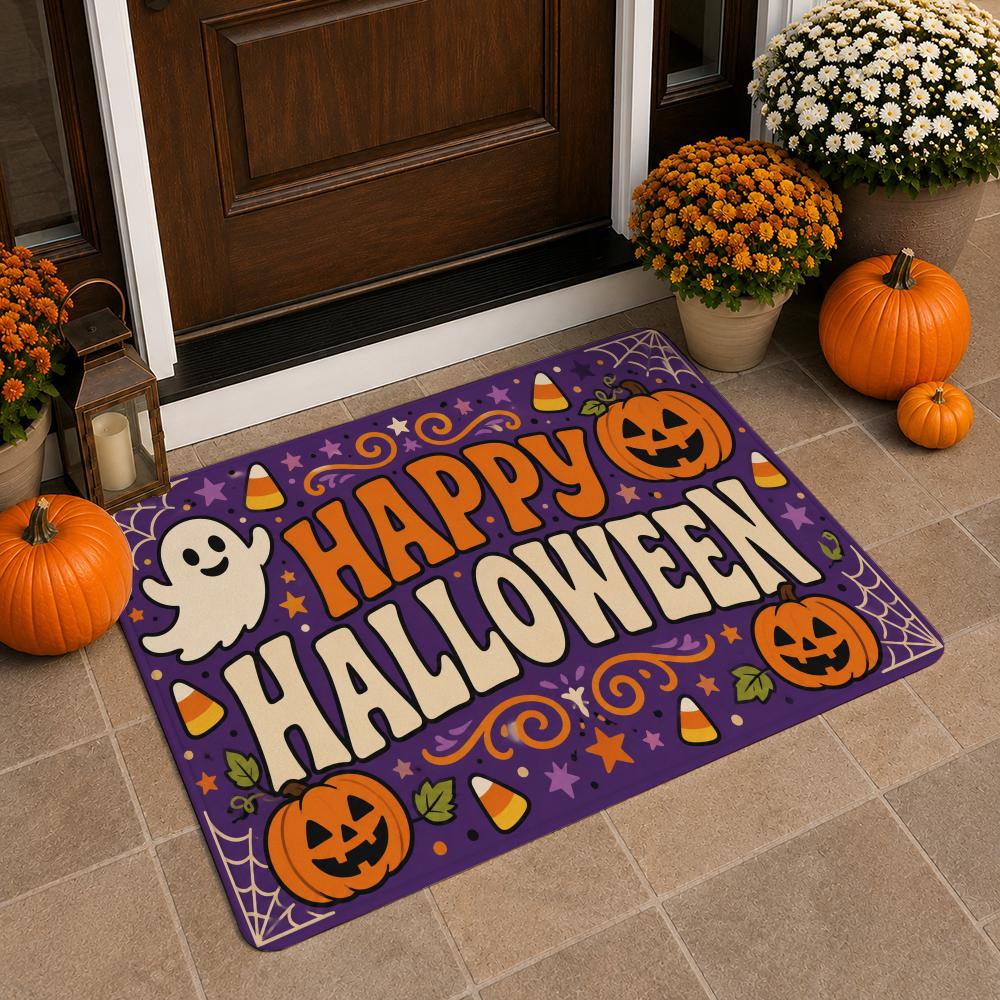 Happy Halloween Bath Mat Pumpkin Ghost House Bat Pattern Non‑Slip Absorbent Floor Rug for Bathroom Entryway Home Halloween Party