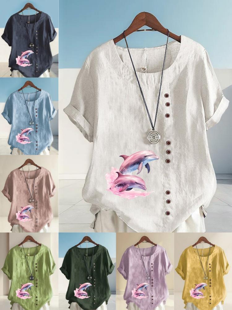 Women's Fashion Couple Dolphin Print Round Neck Short Sleeve T-shirt Summer Casual Cotton Linen Graphic Shirt Leisure Loose Blouse Tops