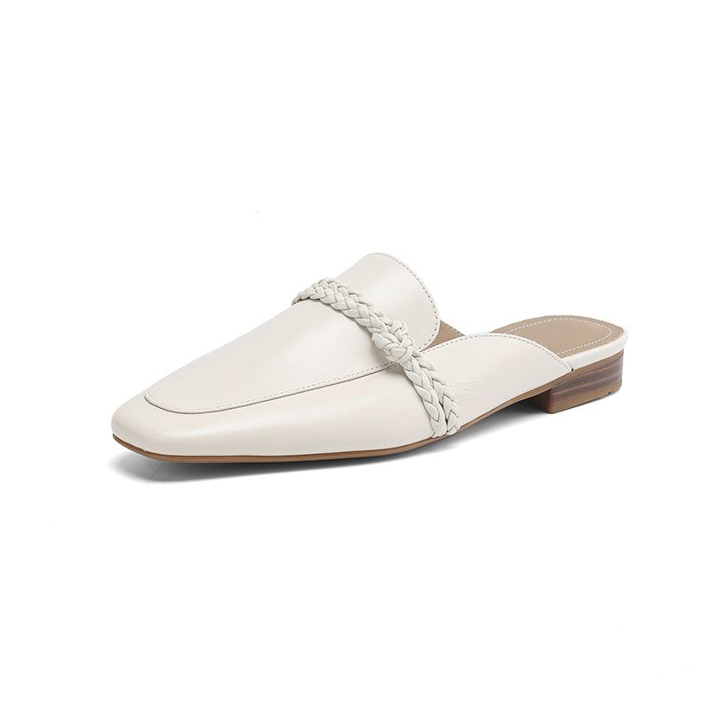 

Мода 2025 Лето Женская обувь Натуральная кожа Квадратный носок Женские сандалии Однотонные Современные сандалии для женщин Низкий каблук Женские мюли 34 бежевый