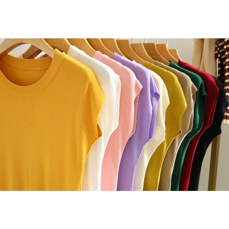 Summer Round Neck Knitted Casual Women's T-shirt Elegant Loose Ice Silk Thin Fit Solid Color Short Sleeve Tee Tops Ladies Simple Fashion T Shirt 3097