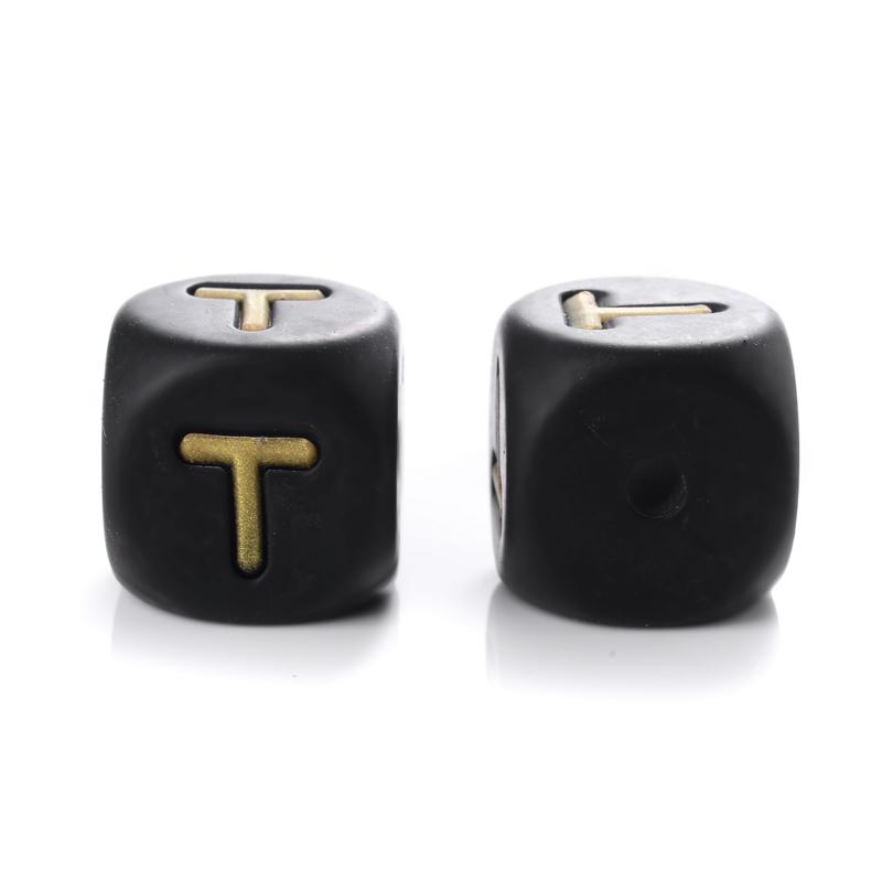 12mm 10Pcs Silicone Black+Gold Letters Beads English Alphabet Letter Beads for Baby Teething Teethers Shower Gifts BPA Free