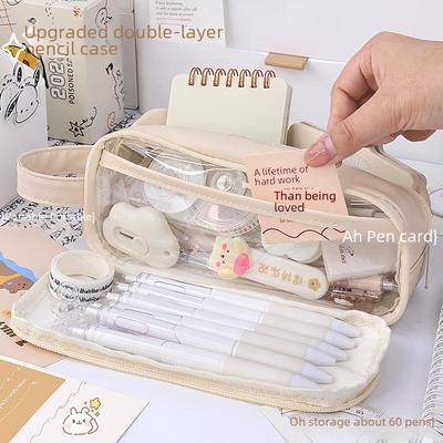 Trousse à crayons transparente double couche style japonais au lait et au sel – Grande capacité pour les collégiens