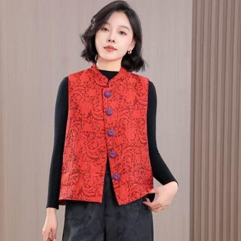 Women's Chic Chinese-Style Jacquard Padded Vest with Stand Collar - Tang Suit Spring/Winter 2026 Collection
