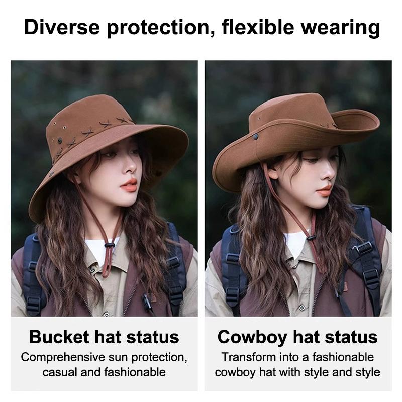 Breathable Western Cowboy Hat Solid Color Adjustable Wide Brim Sun Hat Outdoor Mountaineering Fisherman Sunshade Cap Travel 1PC