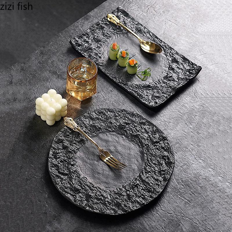 Culoare solidă, textură neregulată, farfurie ceramică plată, restaurant, farfurie pentru friptură, farfurie pentru desert, sushi, farfurie pentru gustare, tacâmuri speciale