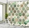 Sage Green Shower Curtain, Hexagon Honeycomb Pattern with Abstract Trippy Ornaments Jade Tones, Cloth Fabric Bathroom Decor Set