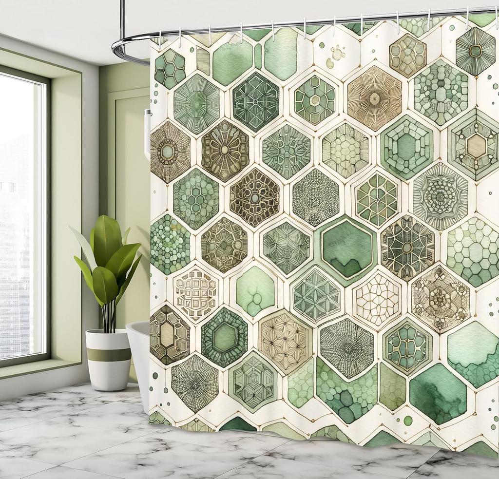 Sage Green Shower Curtain, Hexagon Honeycomb Pattern with Abstract Trippy Ornaments Jade Tones, Cloth Fabric Bathroom Decor Set