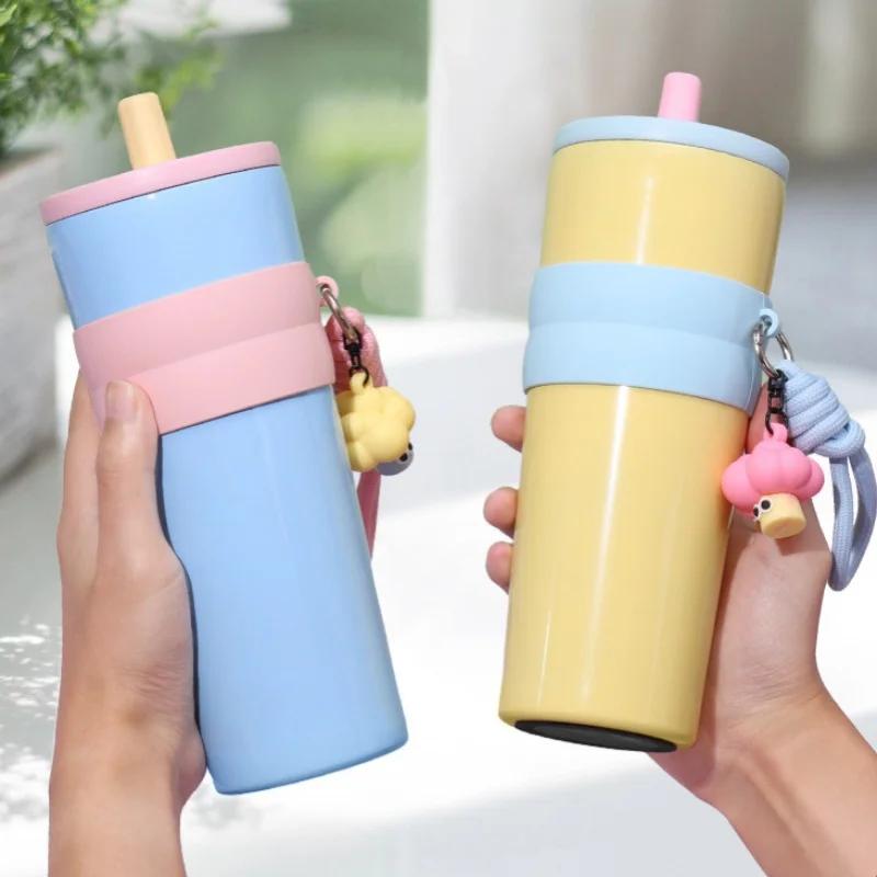 711ml Stainless Steel Tumbler with Straw & Handle, Insulated Thermal Mug for Car Office Travel hot water bottles thermos coffee