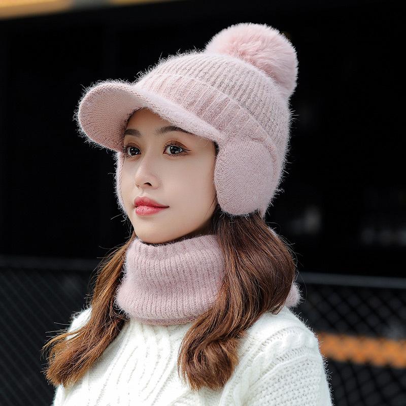 Ladies rabbit fur knitted hat trendy student wool ear protection cap outdoor cold protection warm scarf velvet