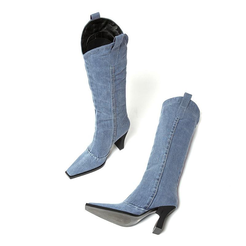 Winter New Square Toe Denim High Heel Fashion Boots 2025 Thick Heel Western Knight Boots for Women
