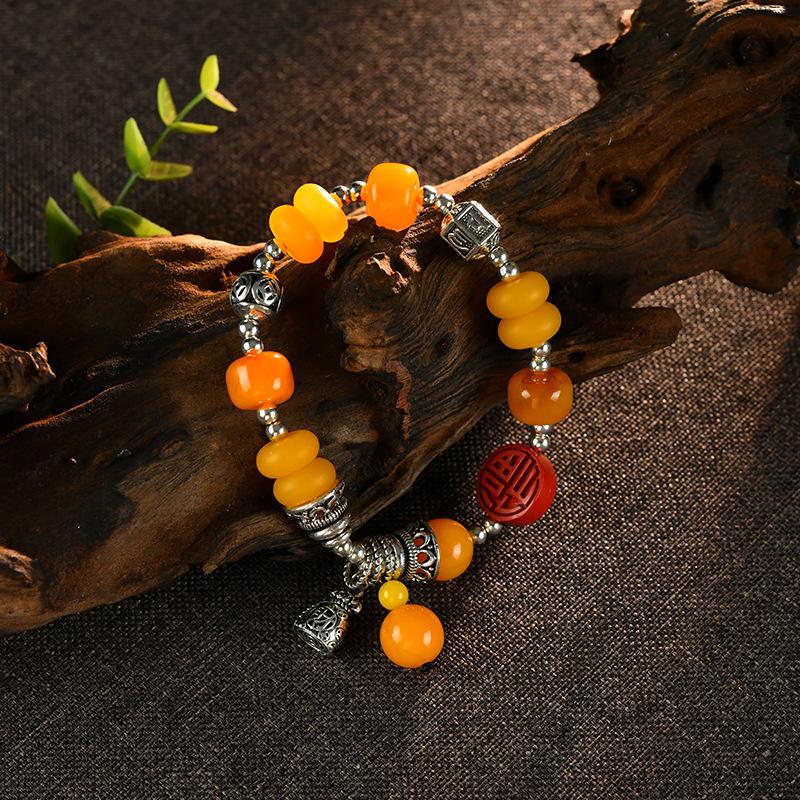 Vintage Bohemian Beeswax Bracelet, Chicken Oil Yellow Single Circle Turquoise Multi Treasure Bracelet Pendant, Temperament Accessory for Women