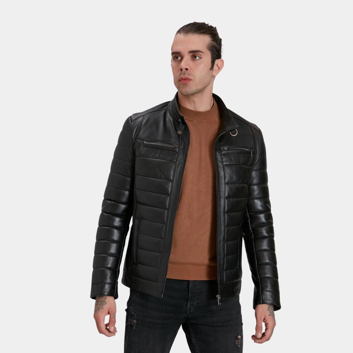 

Новая модная мужская черная куртка из натуральной кожи, овчина, воротник-стойка, повседневная, байкерская верхняя одежда, элегантная одежда, пальто S чёрный