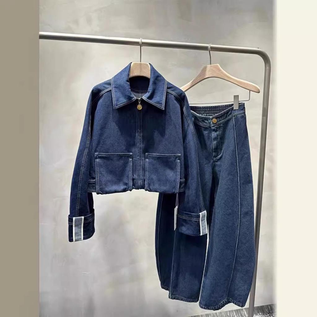 Trendiger blauer Anzug im europäisch-amerikanischen Nischendesign: Einzigartiger Damen Zweiteiler aus Jacke und Hose für Frühling und Herbst