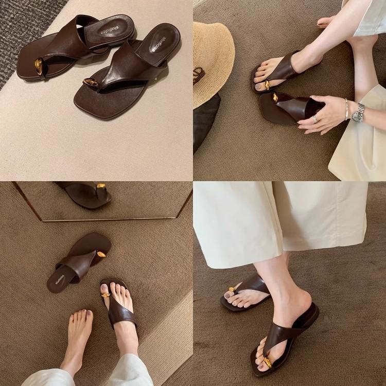 Grape mother studiolee new set of toes square head versatile flat bottom outer wear herringbone open toe cool slippers female summer