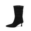 Black Wine Red Women Mid Calf Boots Pointed Toe Mid Heel Small Big Size 32 48