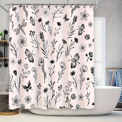 Black White Floral Shower Curtain Bath Decor for Bathroom Decorations Pink with Flowers Insects