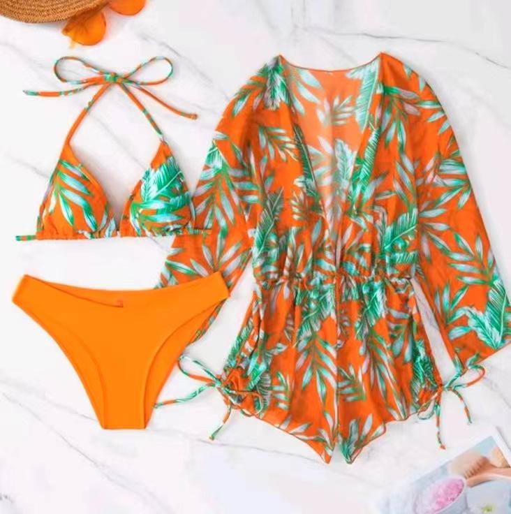 2023 Women's Sexy Three-Piece Swimwear Set with Elegant Neckline, Printed Belted High-Waisted Skirt