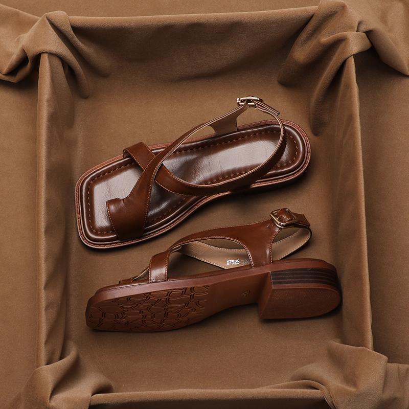 Retro Brown Toe Sandals Women's Low-heeled Roman Shoes