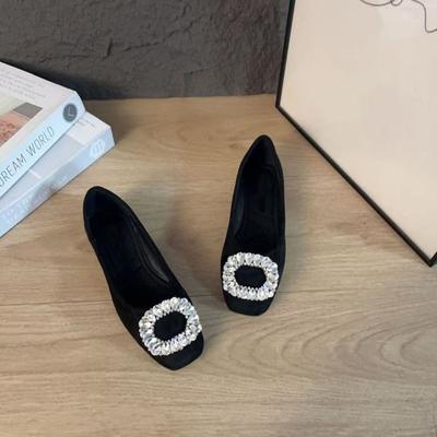French Thick Black Aesthetic Rhinestone Shallow Mouth Single Shoes New Spring Thick Heel Ladyshoes Flat Mary Jane Shoes with Skirt