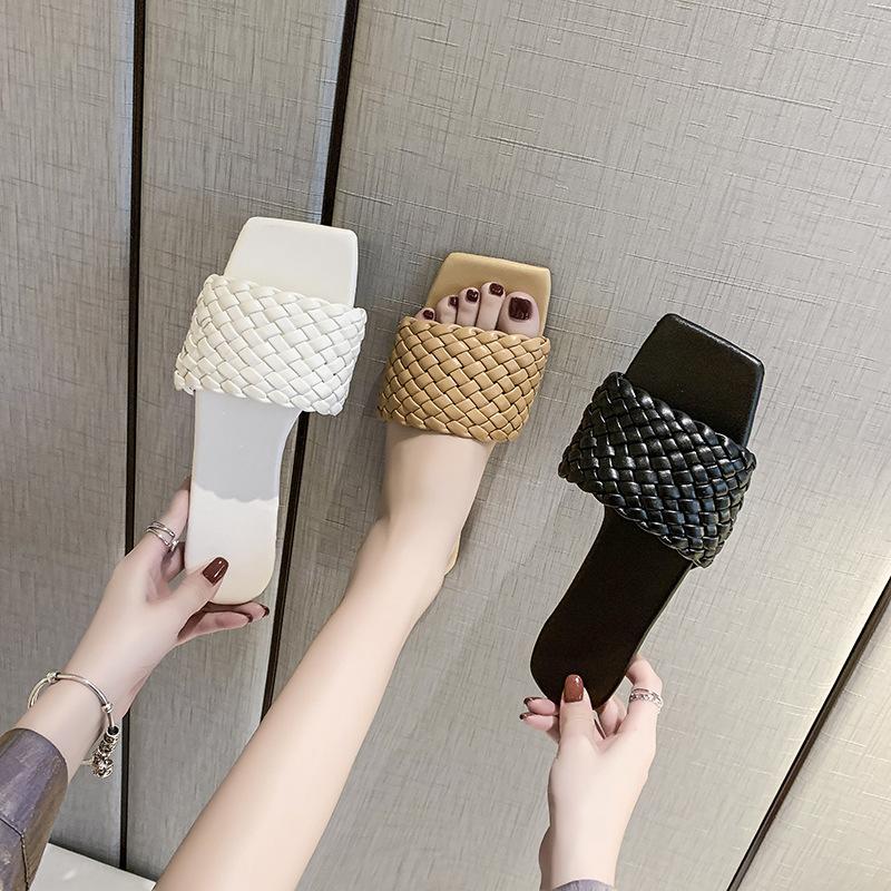 Women's Summer Clip On Flat Bottomed Slippers Casual Square Head Knitted Strap Beach Sandals Shoes 35-42